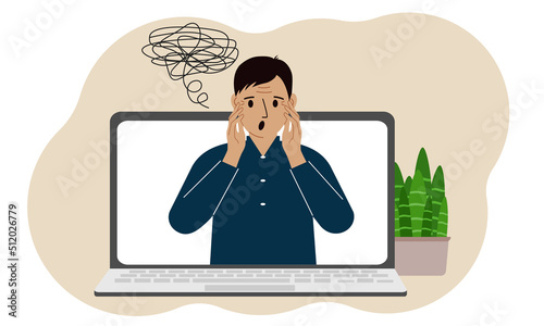 Online consultation with a psychologist. Laptop with a man with confused thoughts. Psychotherapeutic practice, psychiatric consultation.