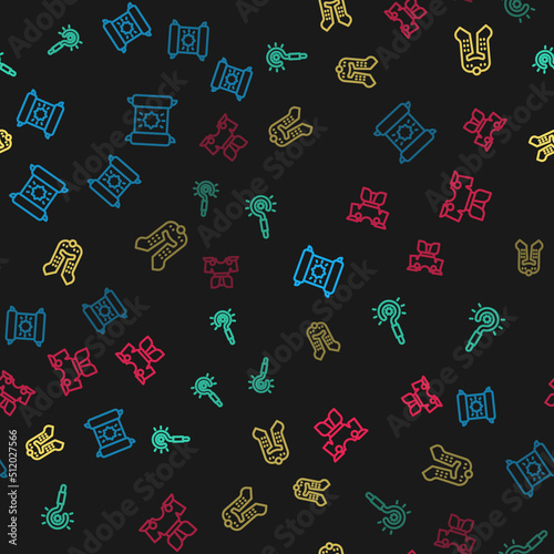 Set line Decree, parchment, scroll, Magic wand, Medieval helmet and Body armor on seamless pattern. Vector