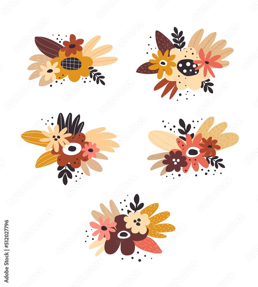 Set with flower composition. colorful vector illustration, flat style. design for print, greeting card, poster decoration, cover
