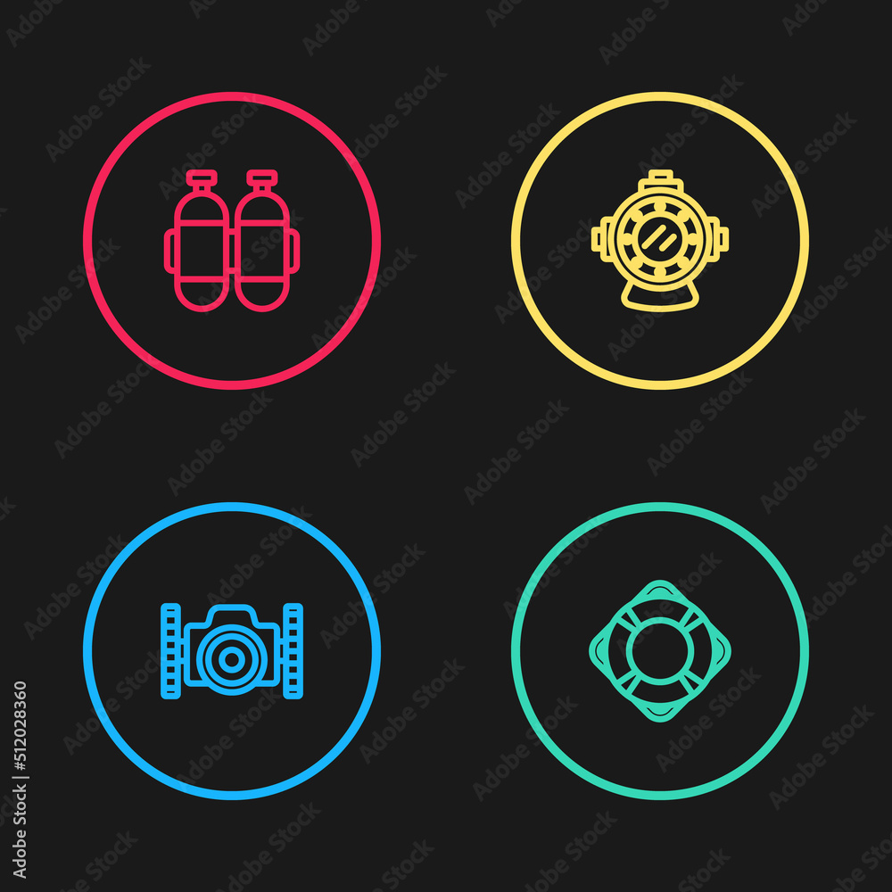 Set line Photo camera for diver, Lifebuoy, Aqualung and icon. Vector Set line Photo camera for diver, Lifebuoy, Aqualung and icon. Vector