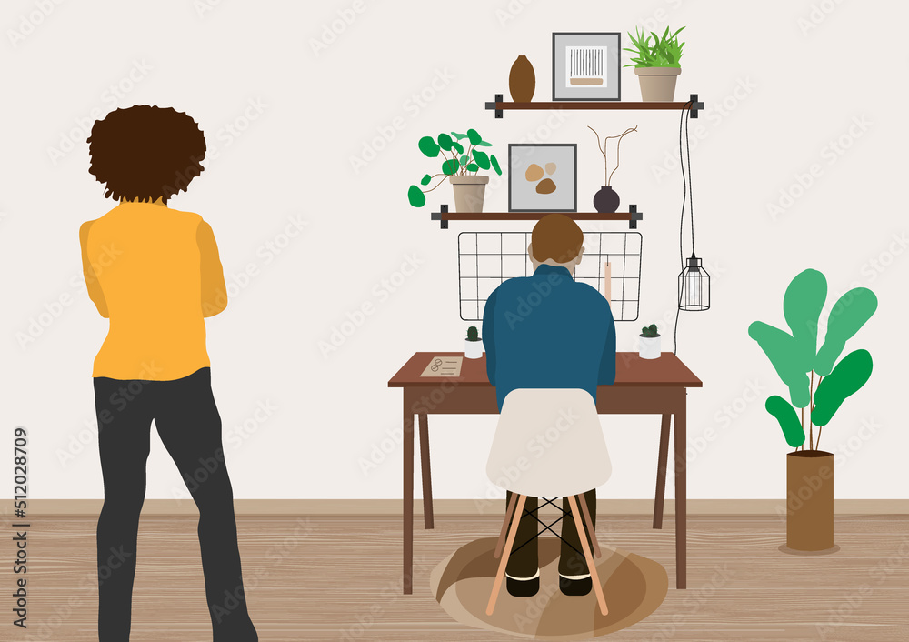 Fototapeta premium Boss woman looking her employee work at working area. Man sitting in office flat cartoon characters. Art, vast, cactus, window, computer in modern interior.