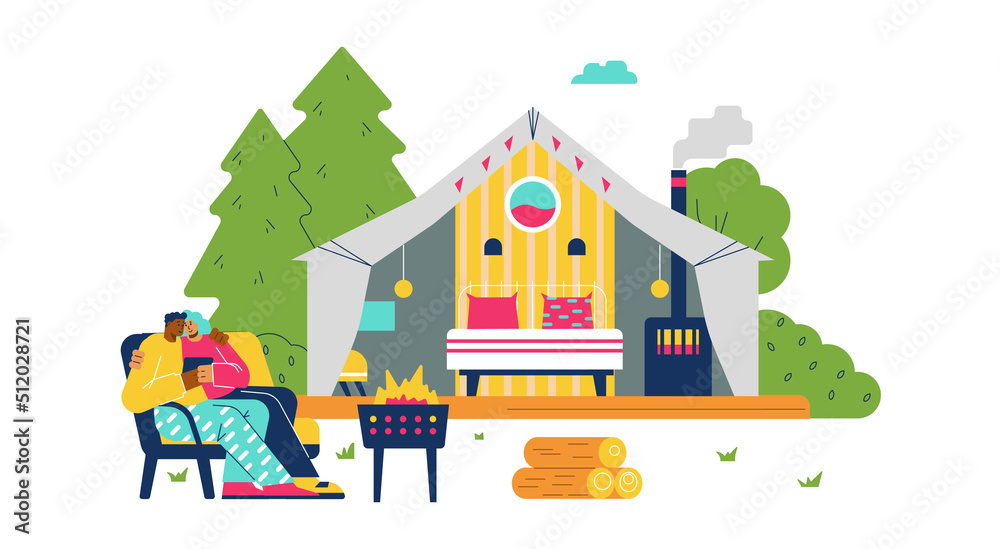 Glamping or Glamor camping concept, flat vector illustration isolated.