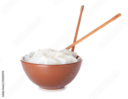 Bowl with tasty rice noodles and chopsticks on white background