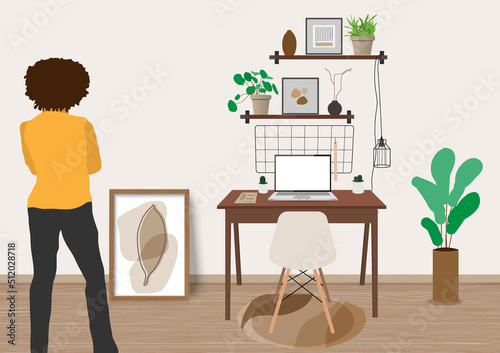 Woman decorate working area. Space for sitting for work at home office flat cartoon characters. Art, vast, cactus, computer in laptop interior. © FKVT