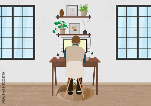 Man working at working area. Freelancer sitting at home office flat cartoon characters. Art, vast, cactus, window, computer in modern interior.