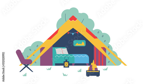 Cozy glamping tent with big bed, luxury tourism with amenities - flat vector illustration isolated on white background.