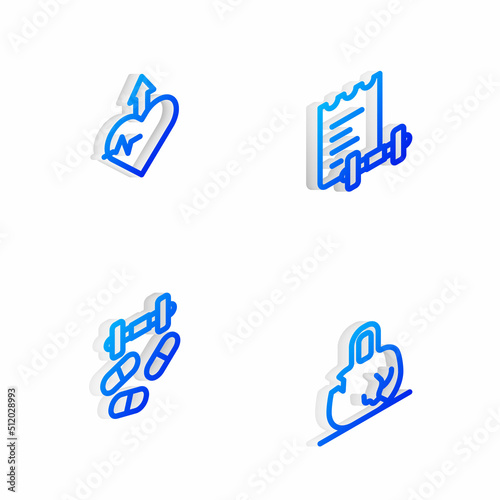 Set Isometric line Sport training program, Heartbeat increase, Sports doping with dumbbell and Broken weight icon. Vector