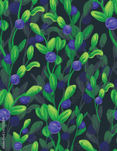 Seamless botanical pattern, bright natural print with blueberry bushes. Summer botany background with blue berries, juicy leaves on branches, real berry thickets. Vector illustration.