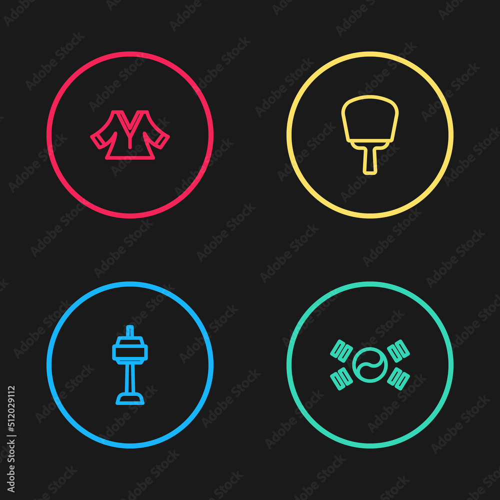 Set line N Seoul tower in South Korea, flag, Korean hand fan and Kimono icon. Vector