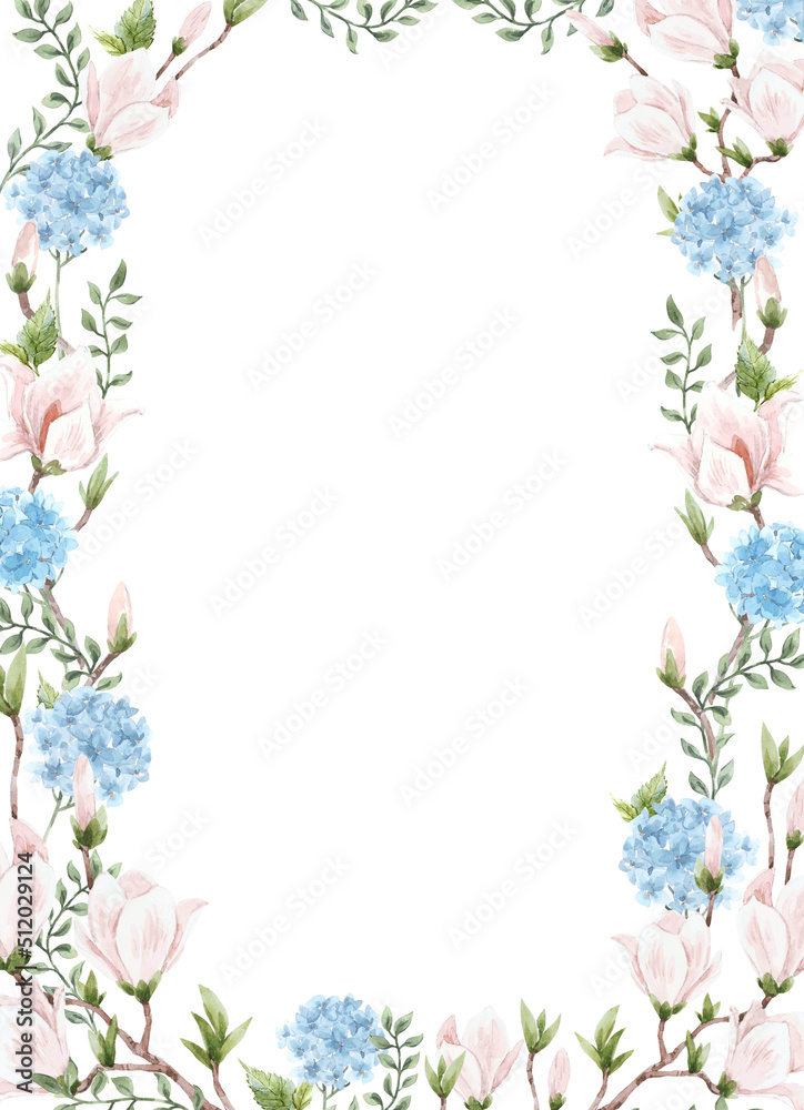 Beautiful floral frame with gentle watercolor hand drawn pink magnolia and blue hydrangea flowers. Wedding clip art stock illustration.