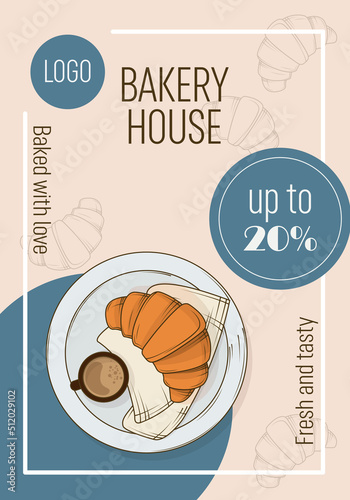 Vector background for poster for bakery with illustration of croissant meal and coffee. For design of poster, banner, website, card, decoration of menu, cafe, bakery. In cartoon style