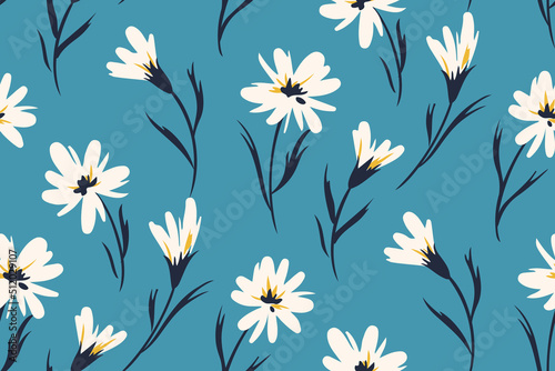 Seamless pattern, cute ditsy print with spring flower arrangement on a blue background. Romantic botanical background with pretty hand drawn plants, white wild flowers, leaves. Vector illustration.