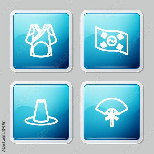 Set line Kimono, South Korea flag, Korean hat and Traditional fan icon. Vector