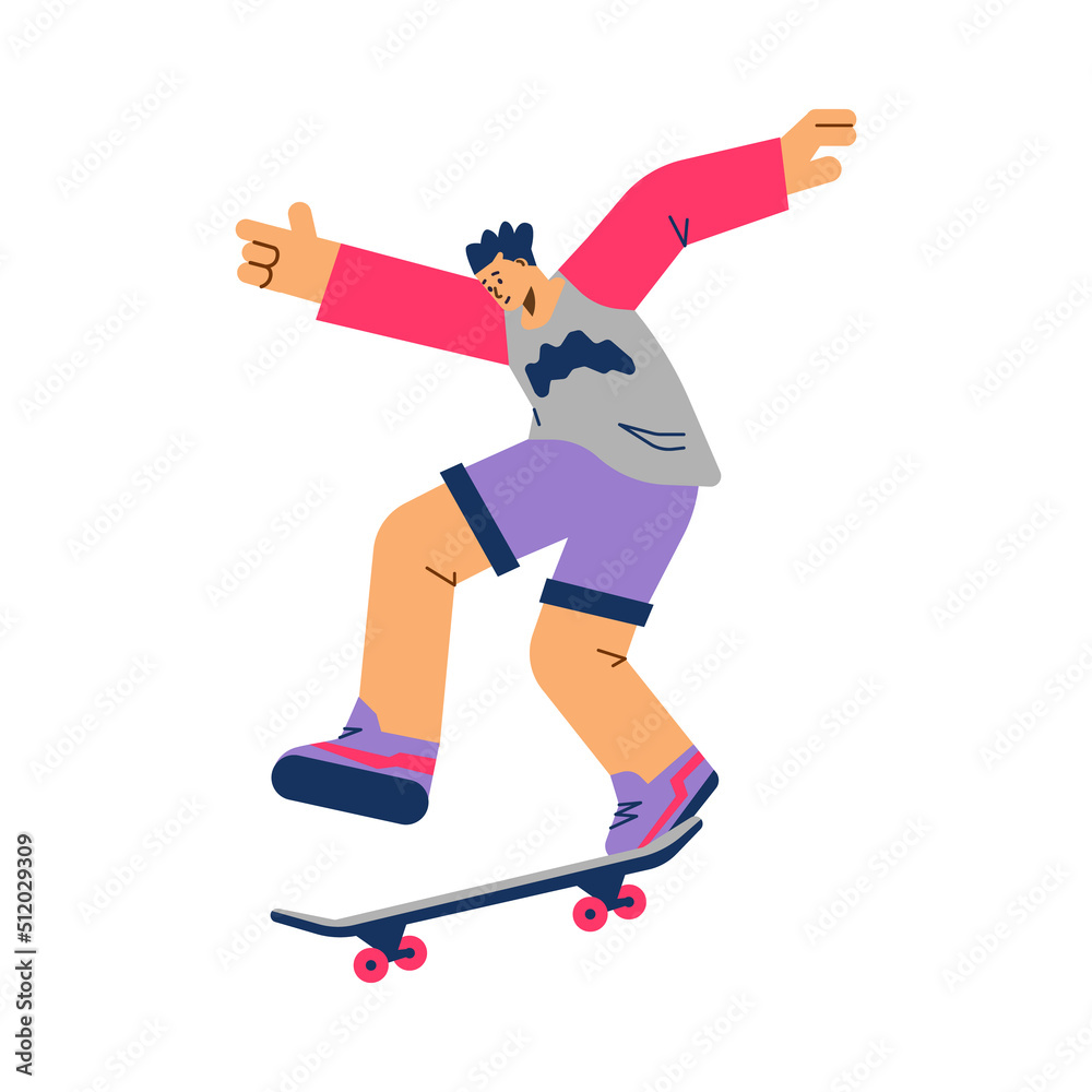 Skater or skateboarder on skateboard, flat vector illustration isolated.