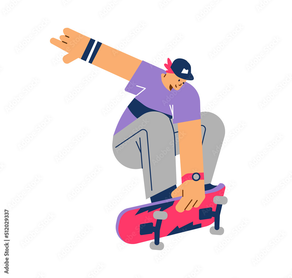 Young man or teenager riding skateboard, flat vector illustration isolated on white background. Young man or teenager riding skateboard, flat vector illustration isolated on white background.