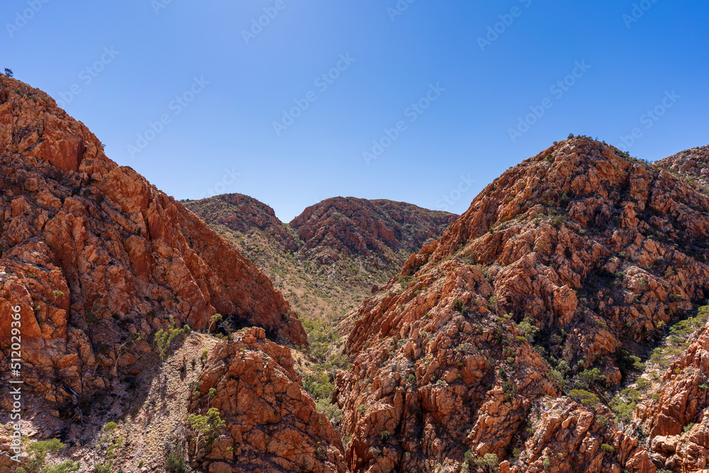 View of the rugged terrain on the Larapinta Trail at Standley Chasm, Central Australia.