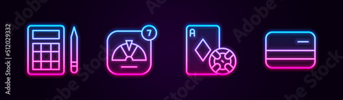 Set line Bingo card, Lucky wheel, Casino chip and playing cards and Credit. Glowing neon icon. Vector