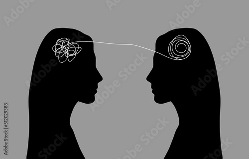 Abstract concept tangled brain, therapist, patient. Two humans head silhouette psycho therapy concept. Therapist and patient. Vector illustration