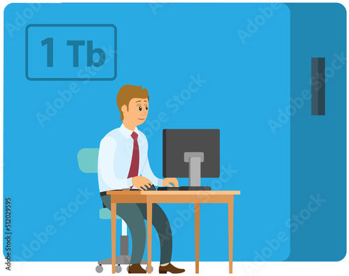Business man uploading data files into external hard disk drive, modern technology allows work with large amounts of information. Businessman entrepreneur in suit sitting with computer at office desk