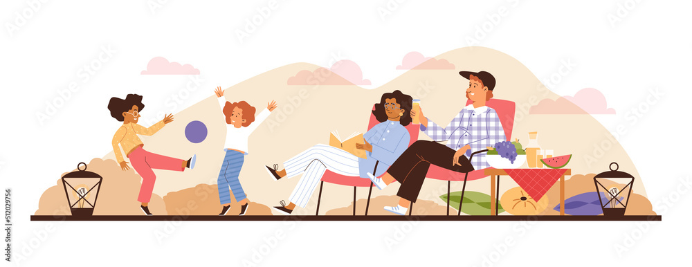 Family camping, camping, vector illumination in flat style on a white background.