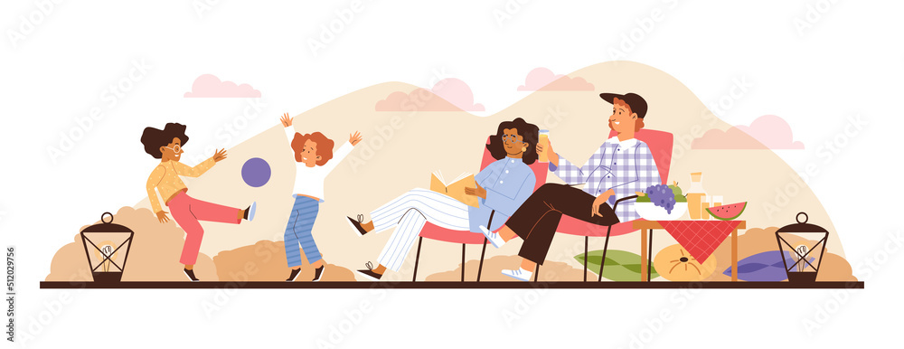 Family camping, camping, vector illumination in flat style on a white background. Family camping, camping, vector illumination in flat style on a white background.