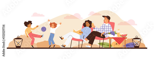Family camping, camping, vector illumination in flat style on a white background. © Kudryavtsev