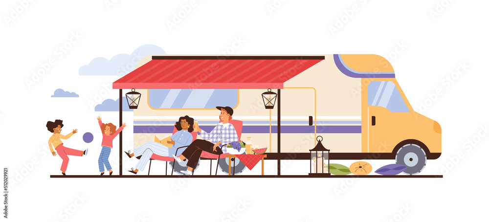 Naklejka premium Family of campers resting in nature near trailer, vector illustration isolated.