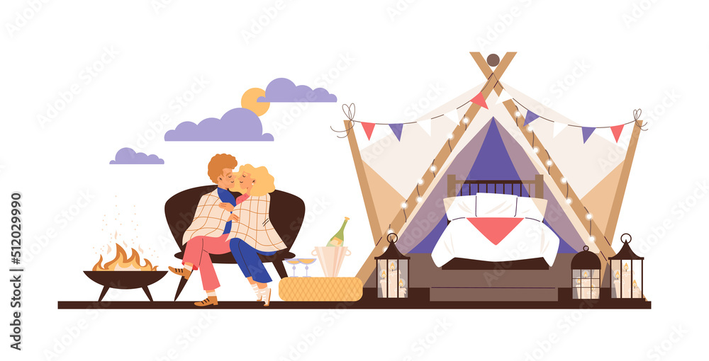 Romantic couple vacation in glamping in nature, vector illustration isolated.