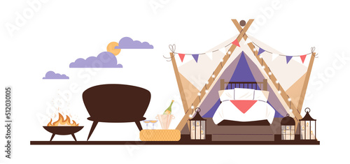 Glamping tent ready for tourists accommodation flat vector illustration isolated.
