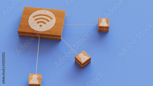 Wireless Technology Concept with wifi Symbol on a Wooden Block. User Network Connections are Represented with White string. Blue background. 3D Render.