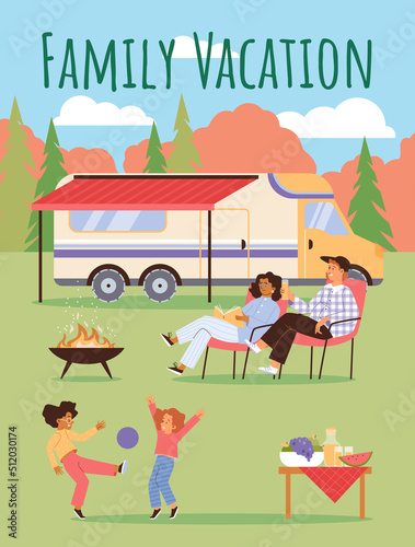 Family vacation in camping or RV caravan camp banner, flat vector illustration.