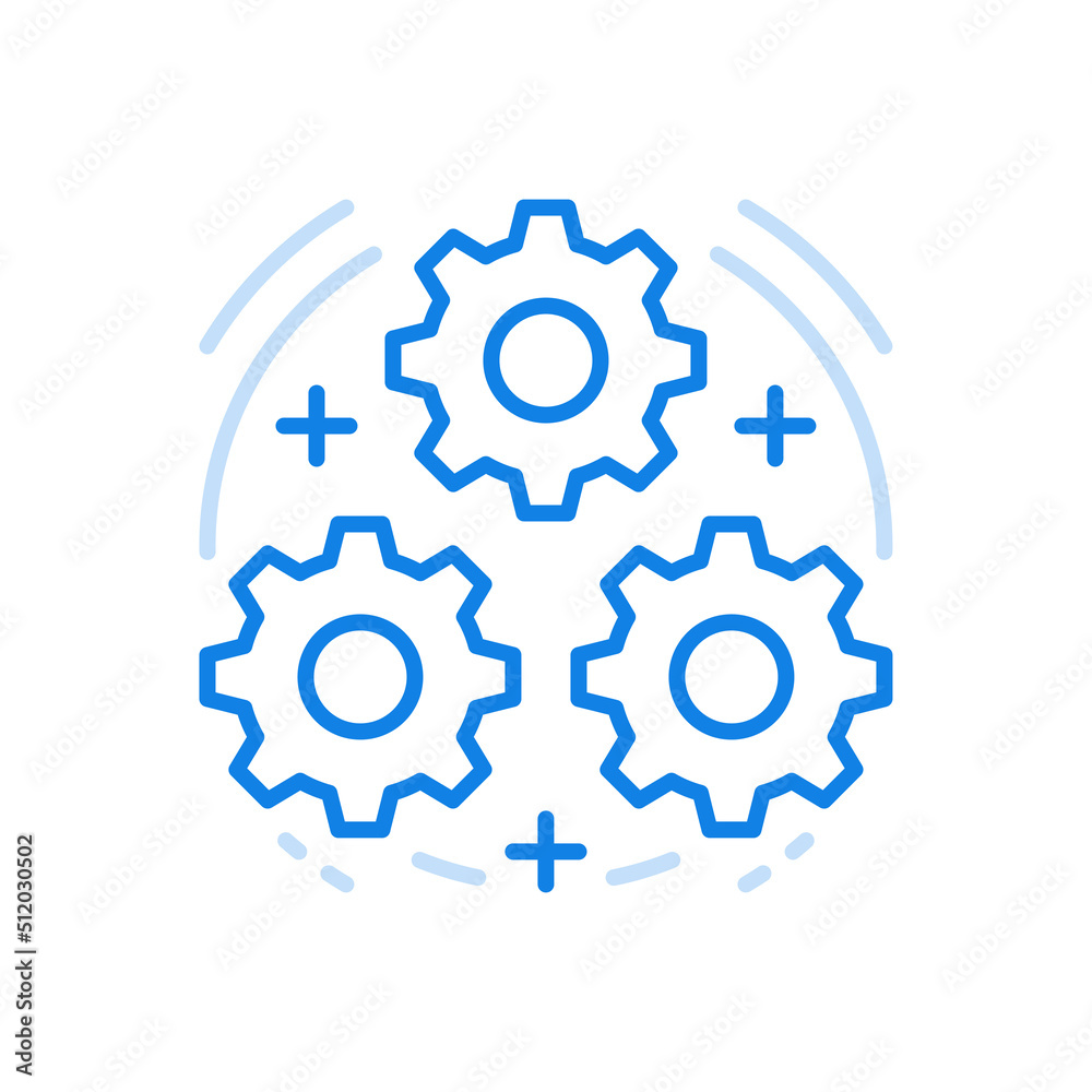 Group optimization process vector line icon. Three gears as integrity of mechanism. Group optimization process vector line icon. Three gears as integrity of mechanism.