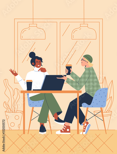 Couple or friends chatting in coffee shop or cafe, flat vector illustration.