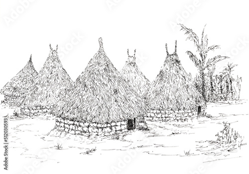 Kogi peoples village. Sierra Nevada de Santa Maria, Colombia. Ink on paper. photo