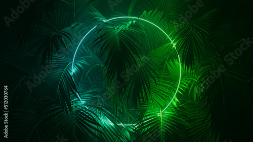 Tropical Plants Illuminated with Green and Blue Fluorescent Light. Jungle Environment with Circle shaped Neon Frame. photo