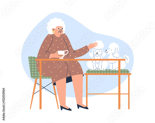 Old woman is eating in a cafe with a dog, flat illustrations on a white background.