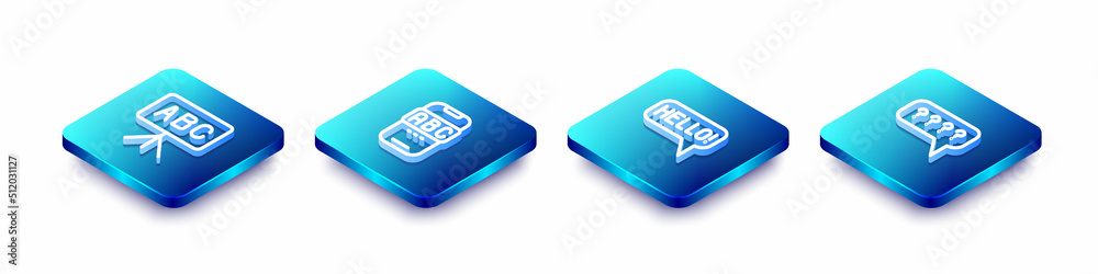 Set Isometric line Chalkboard, Foreign language online study, Hello different languages and Speech bubbles with Question icon. Vector Set Isometric line Chalkboard, Foreign language online study, Hello different languages and Speech bubbles with Question icon. Vector