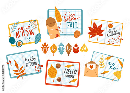 Hello autumn fall season school set vector
