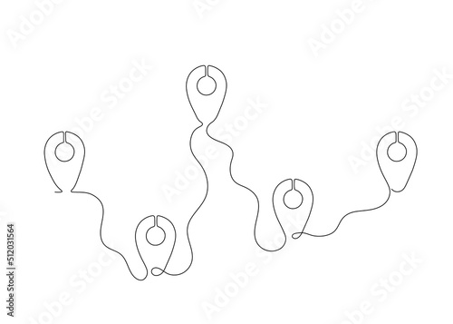 Path outline on map with location stops on map, plan of road way to goal, continuous one line drawing. Route with pointers. Travel scheme, trip planning to pins. Achievement of goal, journey. Vector