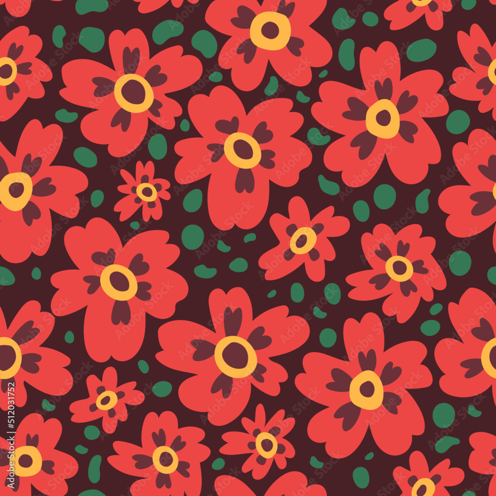Seamless vector floral pattern with abstract red poppies. Bright colorful texture with flowers for prints, fabrics and backgrounds. Surface design. Warm color palette. Hand drawn flat doodle illustrat