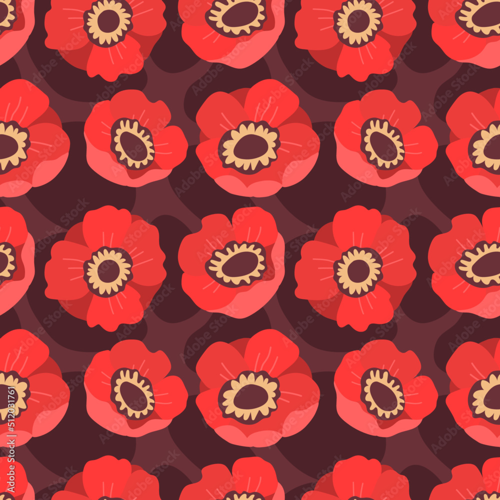 Fototapeta premium Seamless vector floral pattern with abstract red poppies. Bright colorful texture with flowers for prints, fabrics and backgrounds. Surface design. Warm color palette. Hand drawn flat doodle illustrat