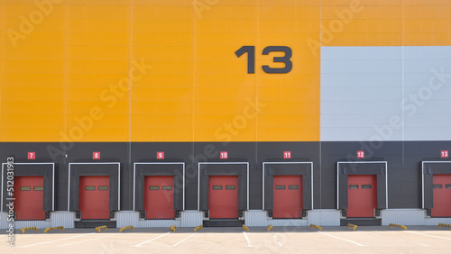 Modern logistics center. Warehouse number 13 with a gate for loading goods.