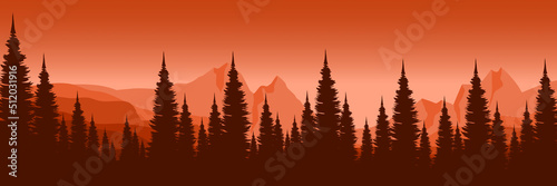 forest silhouette in landscape flat design vector illustration for background, wallpaper, background template, tourism, adventure and design template