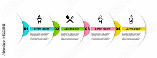Set line Barbecue grilled shish kebab, Crossed fork and spatula, and Ketchup bottle. Business infographic template. Vector