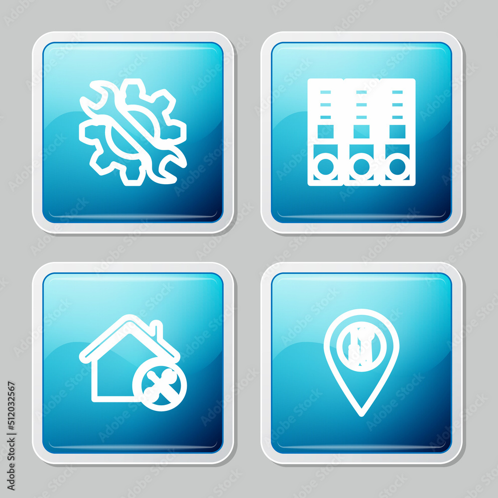 Set line Wrench and gear, Office folders, House service and Location icon. Vector Set line Wrench and gear, Office folders, House service and Location icon. Vector