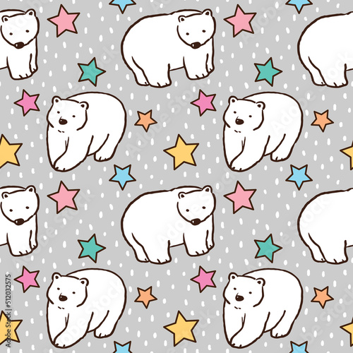 Seamless Pattern wth Hand Drawn White Bear and Star Design on Grey Background