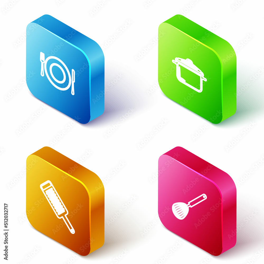 Set Isometric line Plate, fork and knife, Cooking pot, Grater and Kitchen whisk icon. Vector Set Isometric line Plate, fork and knife, Cooking pot, Grater and Kitchen whisk icon. Vector