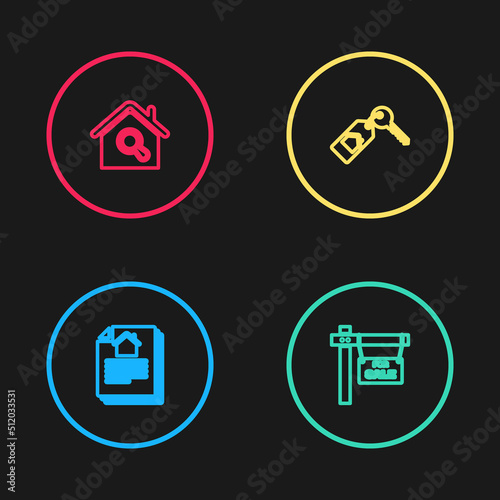 Set line House contract, Hanging sign with For Sale, key and Search house icon. Vector