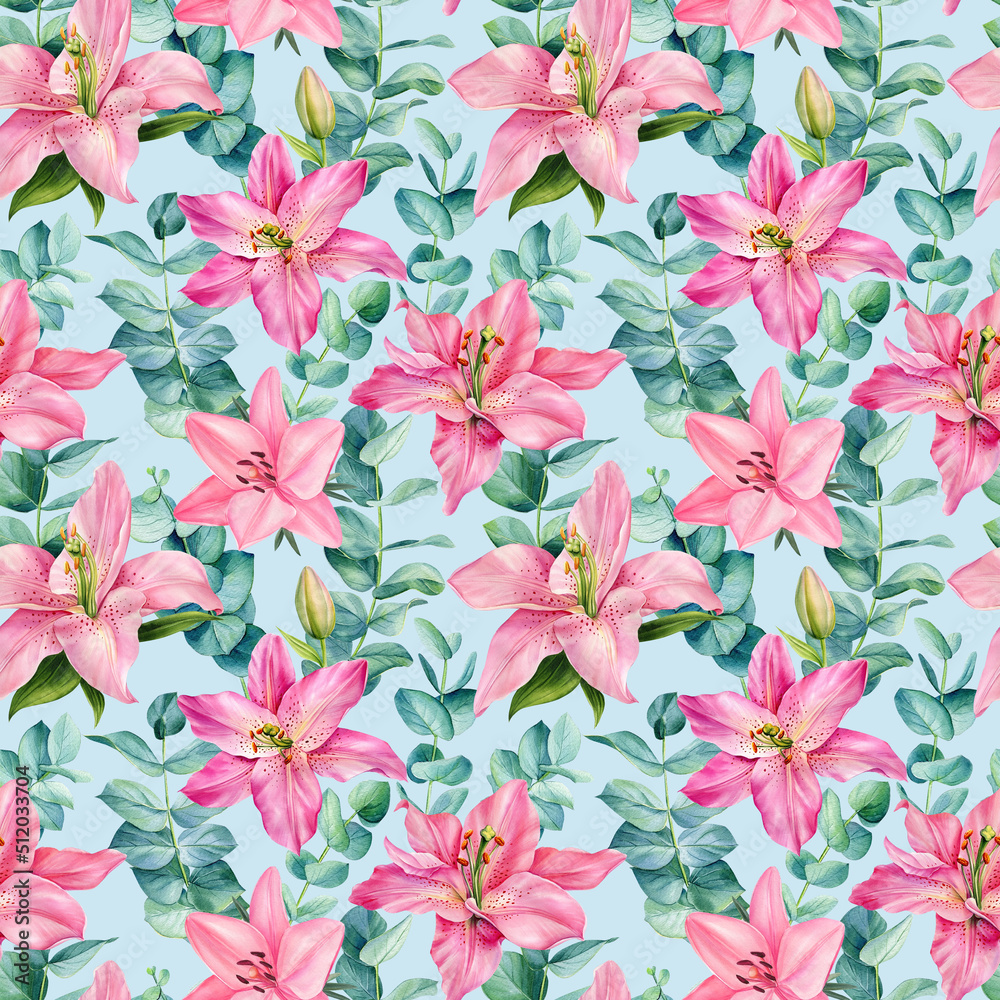 Seamless patterns of lilies flowers and eucalyptus leaves on an isolated blue background. Watercolor floral Seamless patterns of lilies flowers and eucalyptus leaves on an isolated blue background. Watercolor floral