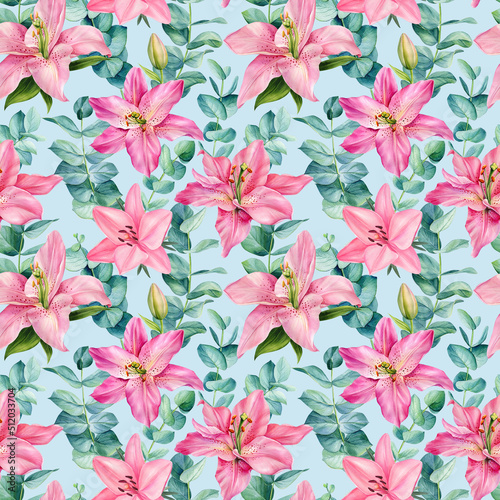 Seamless patterns of lilies flowers and eucalyptus leaves on an isolated blue background. Watercolor floral